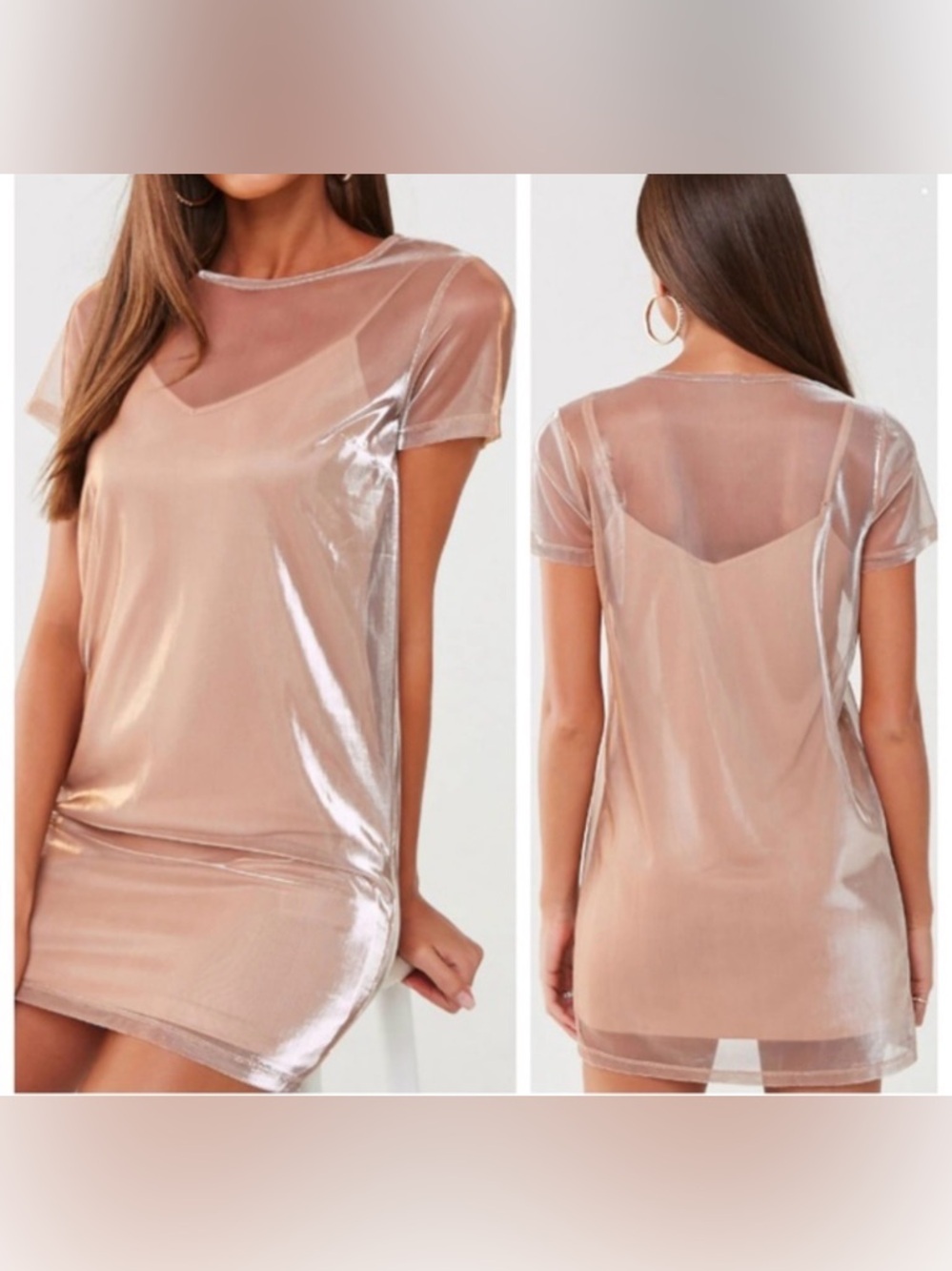 Forever 21 Shimmer Sheer Knit Long T Shirt Top - Champagne Taupe - Picture 2 of 8